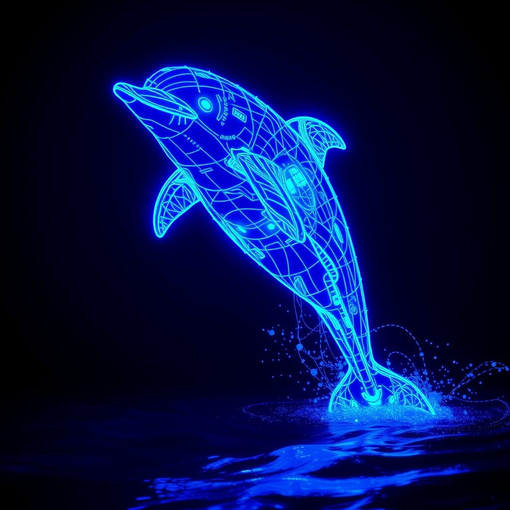 Bioluminescent Neon Dolphin Leaping from Dark Waters