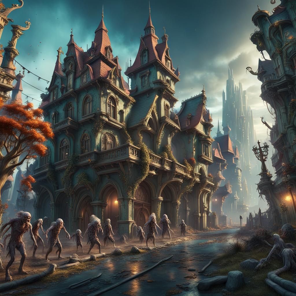 Enchanted City Under Zombie Attack: Fantasy Concept Art