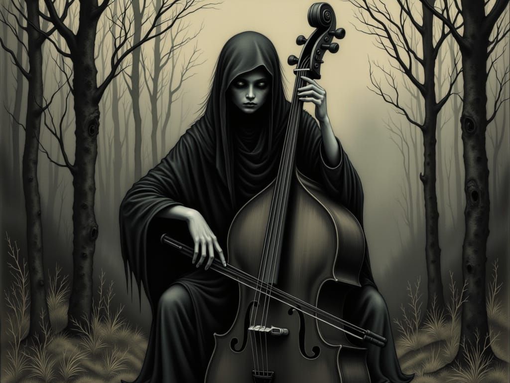 Moody Illustration of a Tall Cellist in Fairy Tale Style