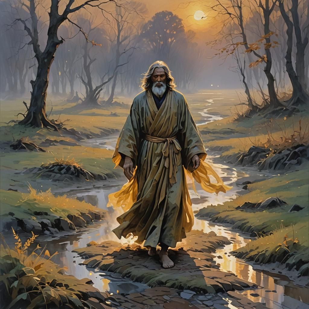 Mystical Figure Rises from Mist in Impasto Gouache