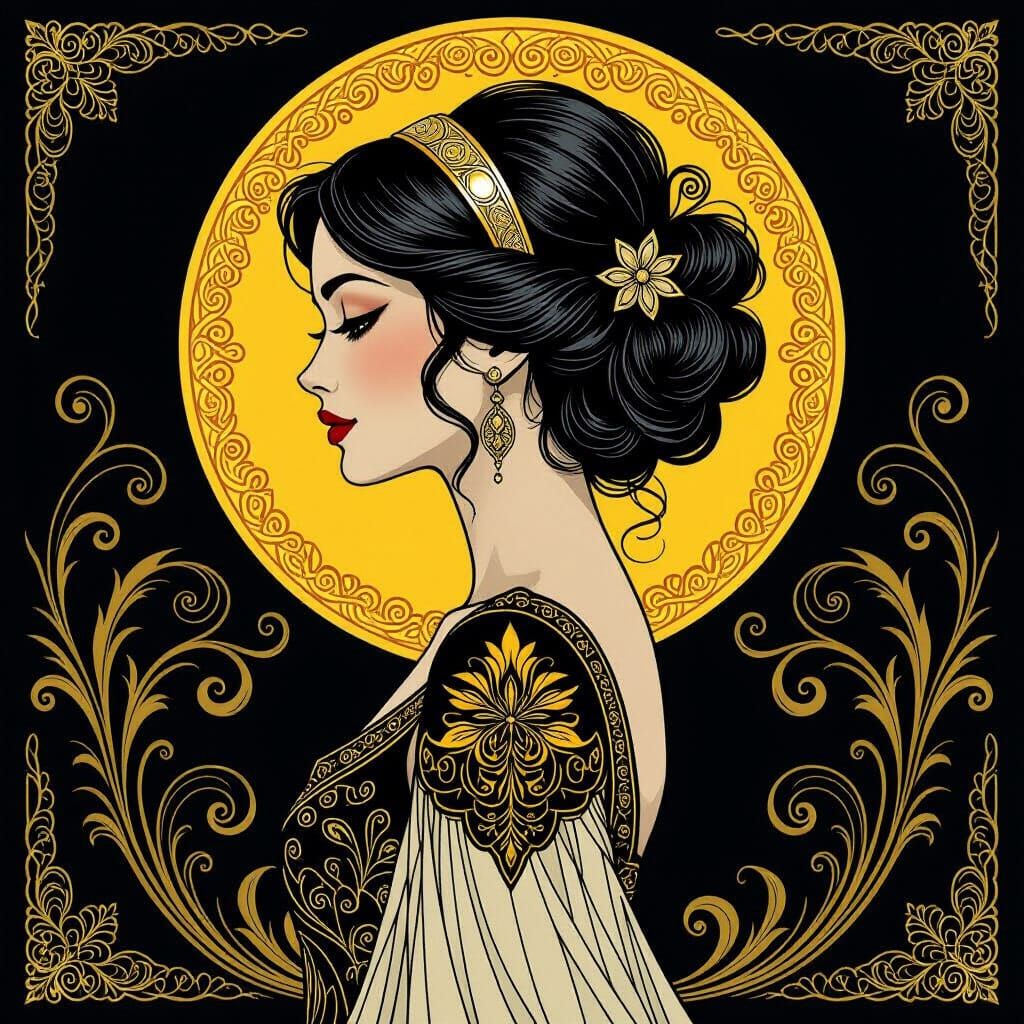 Woman in Profile with Intricate Updo and Metallic Headband