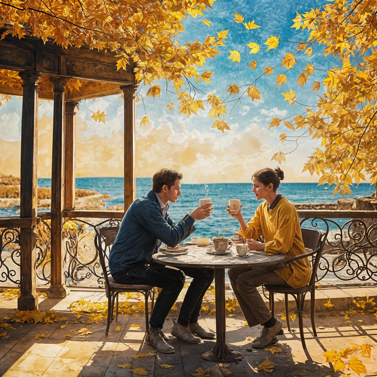 Dreamlike Silhouette of a Couple in Autumn Leaves