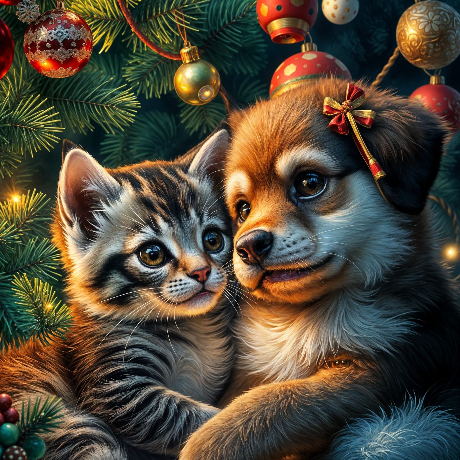 Cuddly Cat Cub and Dog Cub Share a Sparkling Christmas Momen...