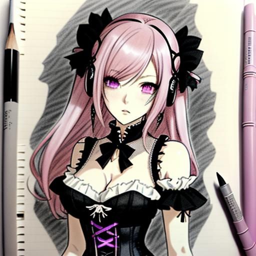 Cute Gothic Anime Girl in Graphite Pencil Style