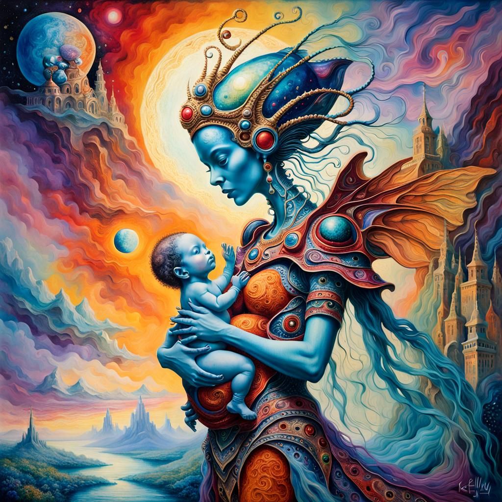 Alien Queen with Newborn in Maximalist Fantasy Art