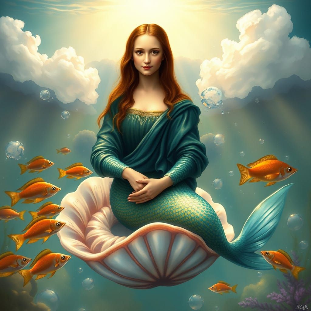 Mystical Mermaid Sits Serenely on Shell Throne in Dreamlike....