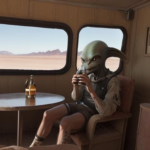 Lonely Alien Drinking Whisky in Desert Caravan