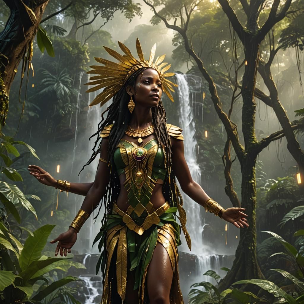 African Goddess Ascending in Shimmering Rainforest