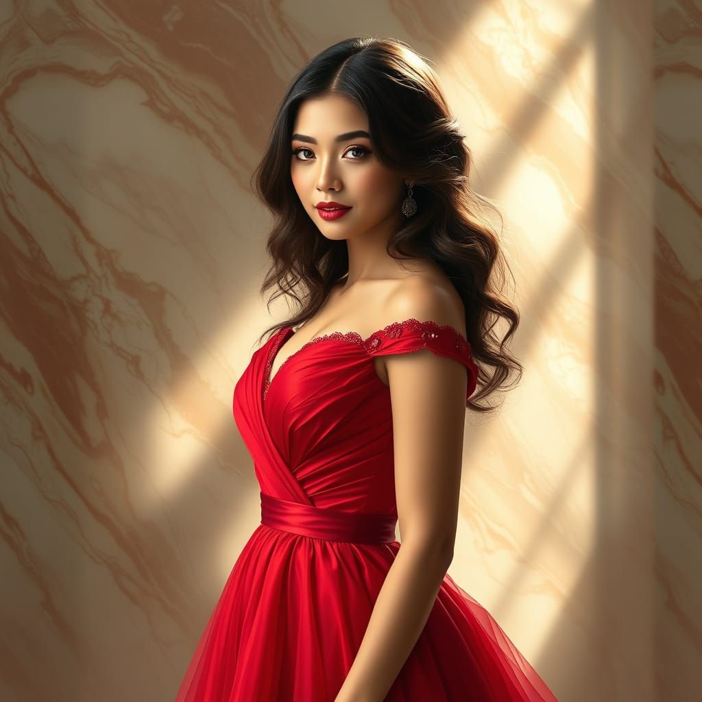 An elegant portrait of a beautiful young woman wearing a red...