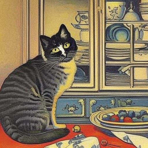 Anthropomorphic Cat Washes Dishes in Wain Style
