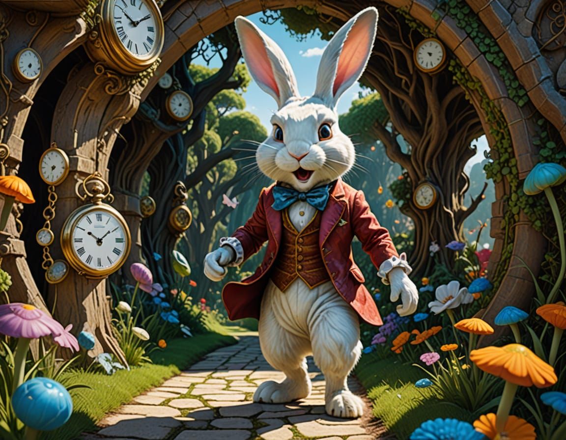 Worried Rabbit in Wonderland with Pocket Watch