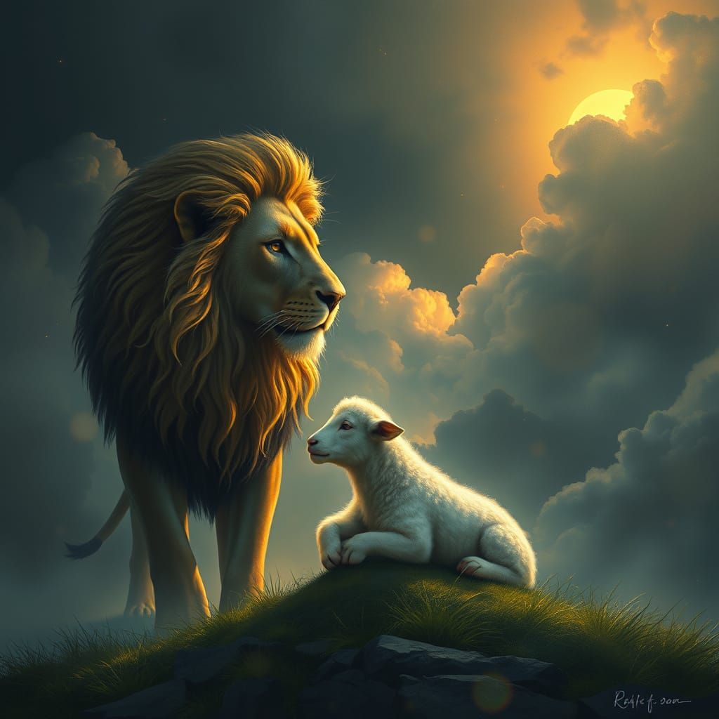 Symbolic Lion and Lamb Matte Painting