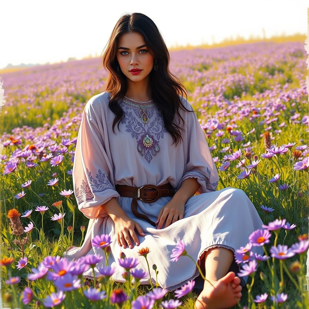 Serenely Seated Beauty in Vibrant Floral Field, Oil Country ...
