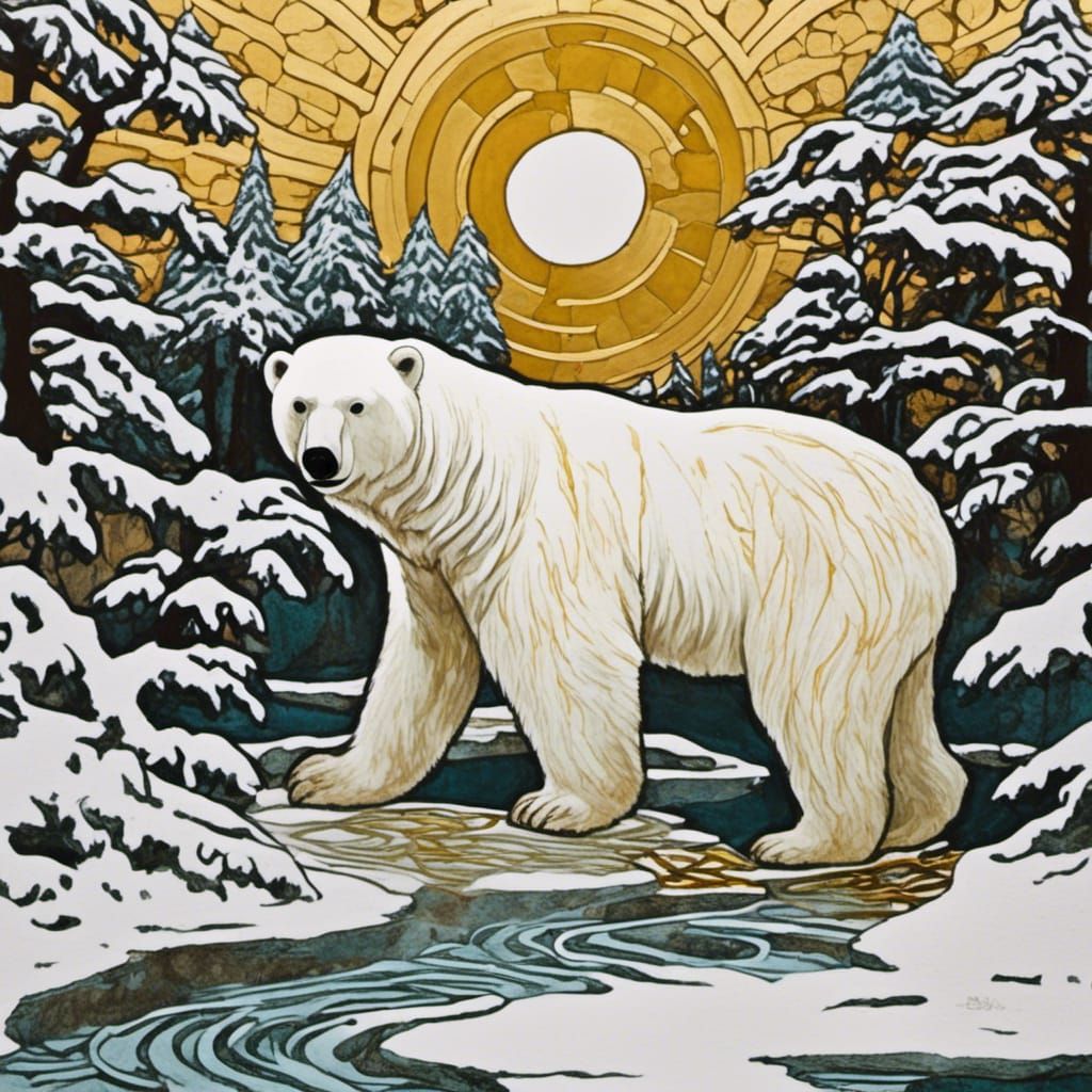 Polar Bear in Rose Garden: Art Deco Painting