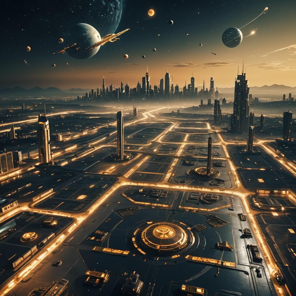 Futuristic Cityscape with Spaceships and Planets