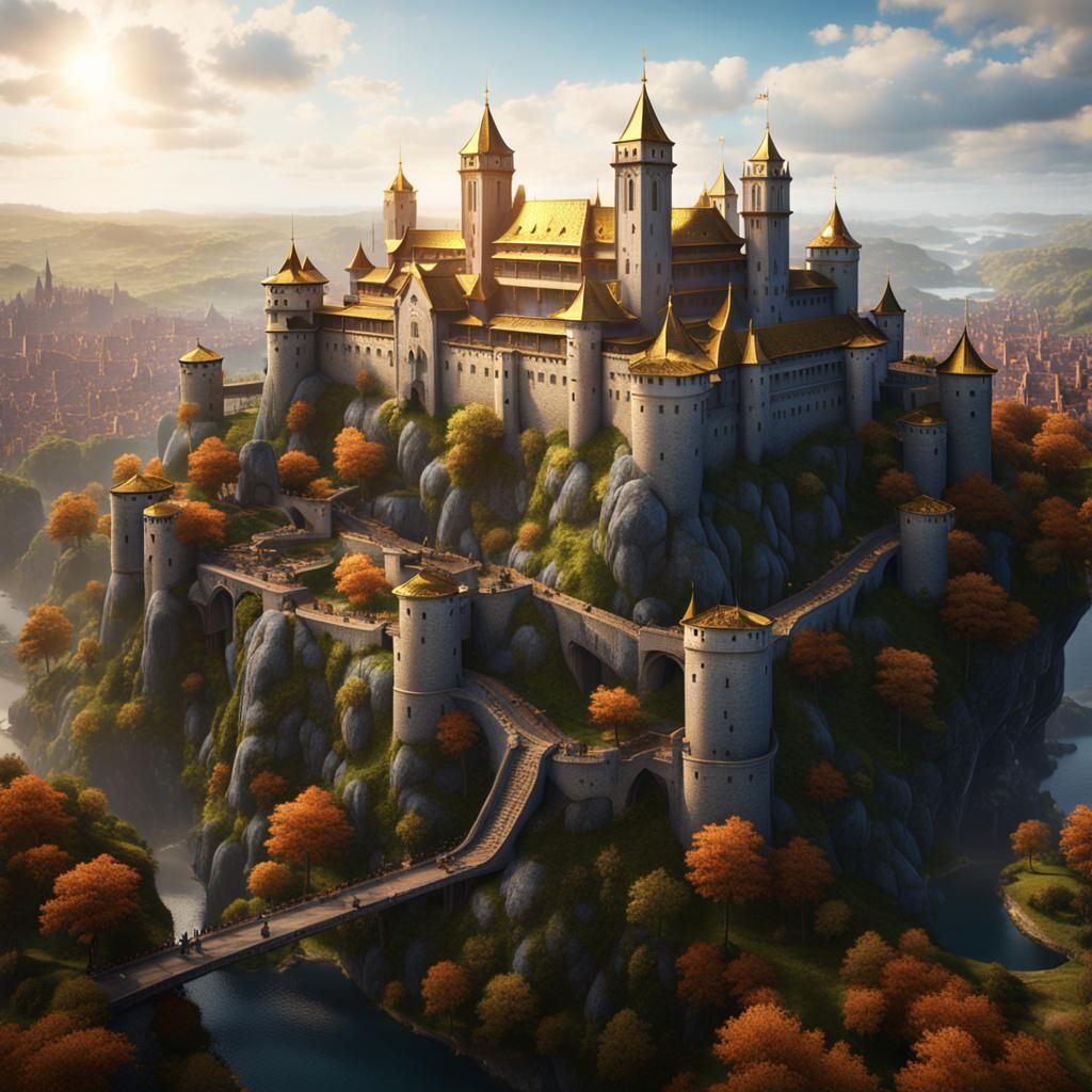 Grand Medieval Palace with Towers and Rope Bridges