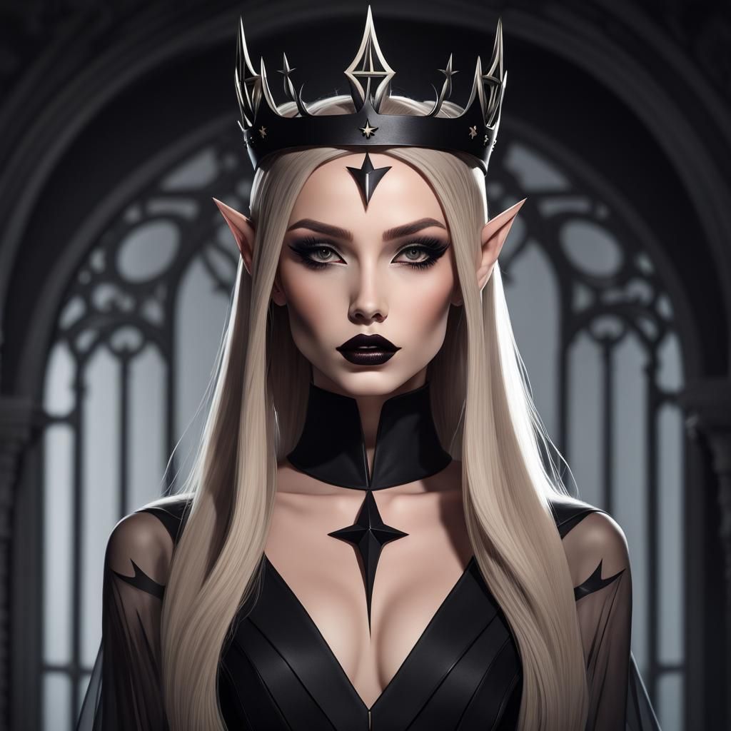 Elegant Fae Queen with Dark Hair and Black Dress