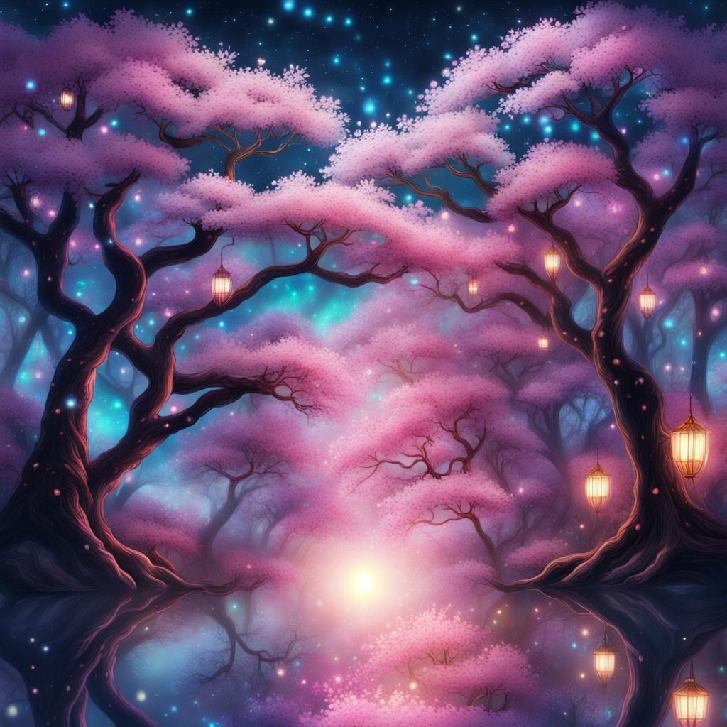 Glowing Cherry Blossom Tree with Fireflies