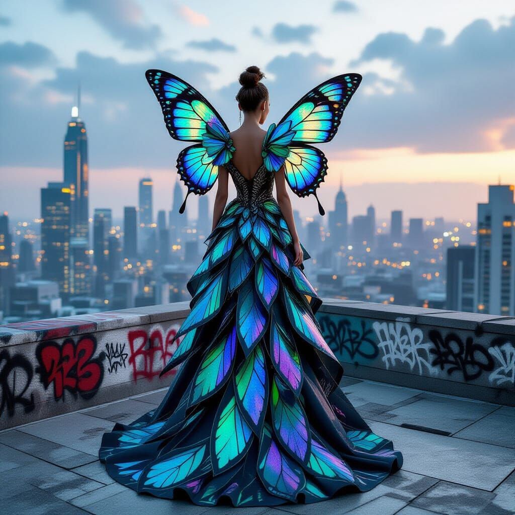 Avant-Garde Butterfly Gown Model on Cyberpunk Rooftop