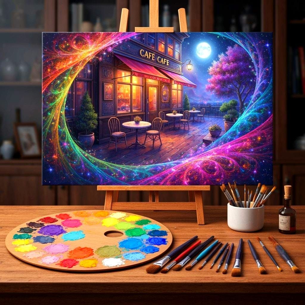 Enchanted Cafe Painting by Moonlight in Hyperrealistic Style
