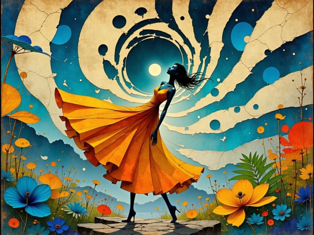 Vibrant Dancer in Swirling Vortex of Blue and Copper Hues