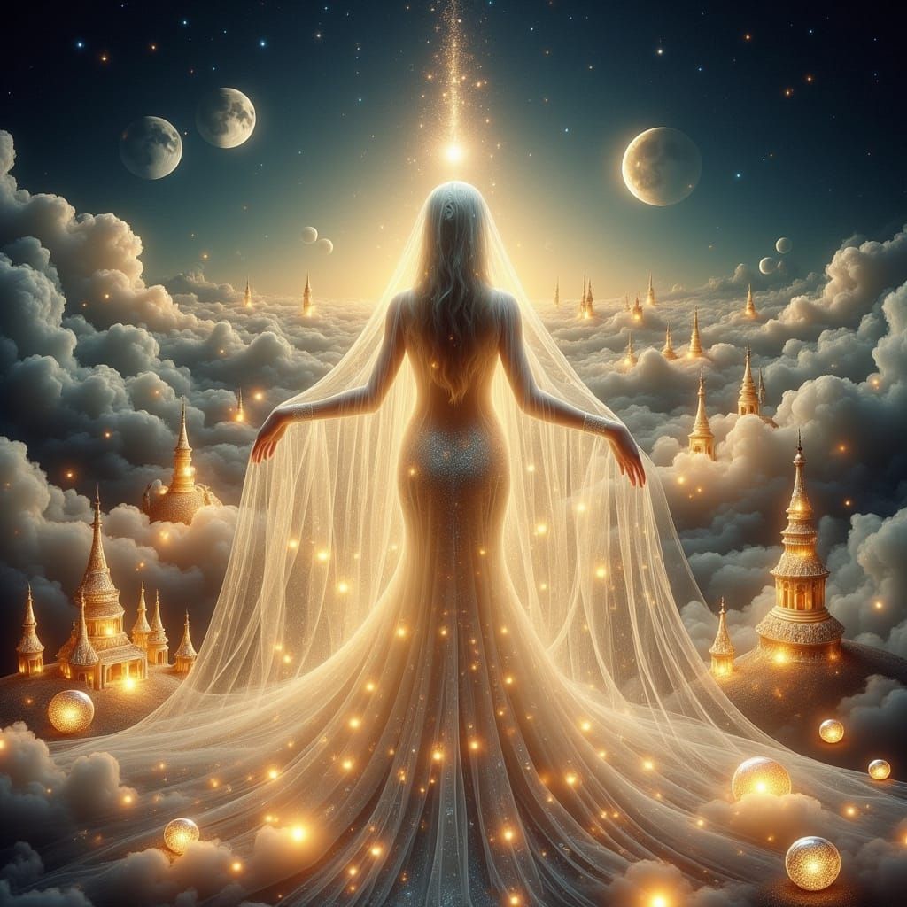 Surreal Cityscape with Radiant Bride in Luminous Gown