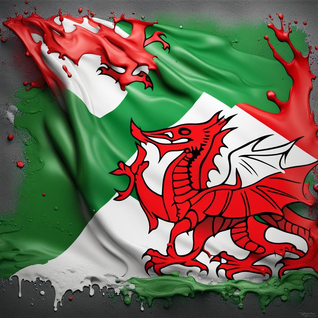 Welsh Flag Graffiti Art in Polychromatic Splash Style