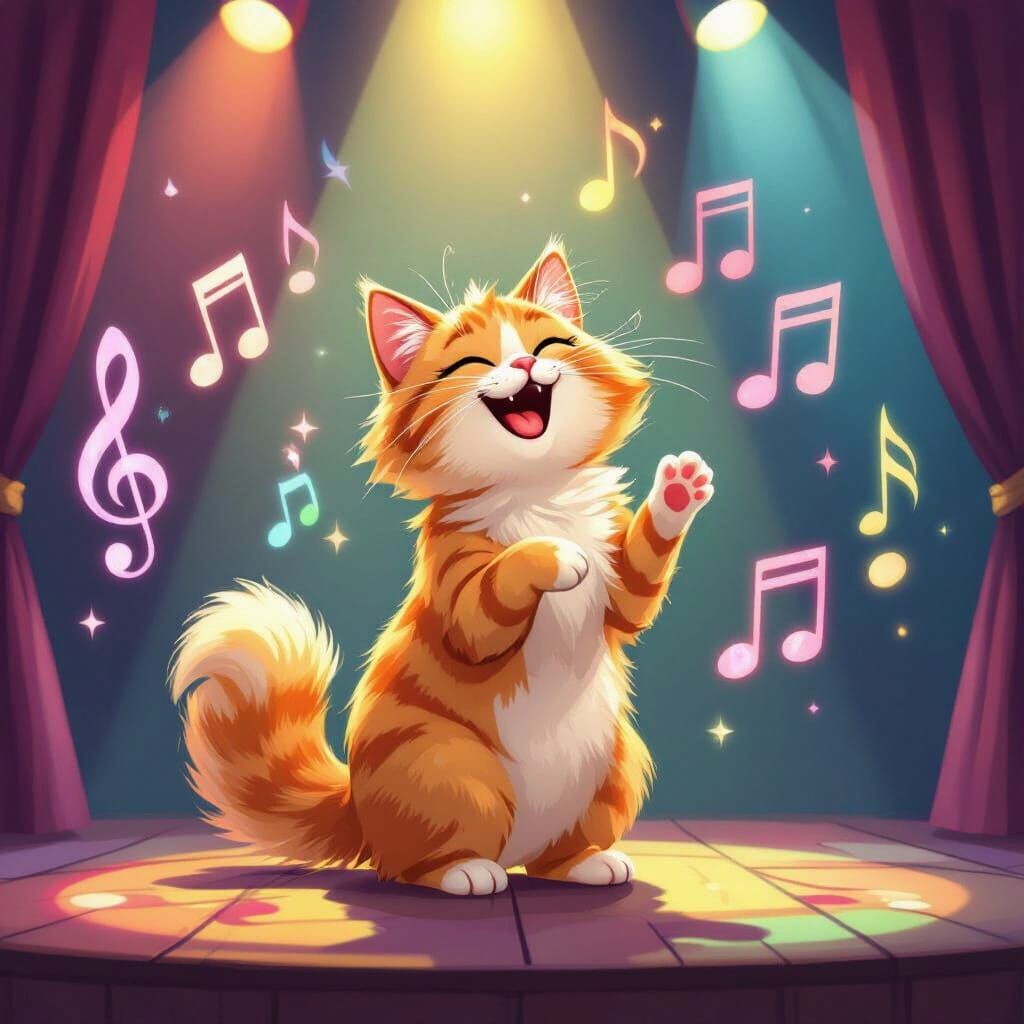 Fluffy Cat Sings Joyfully Under Spotlight