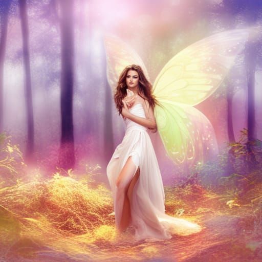 Psychedelic Fairy in Dreamy Forest with Gossamer Wings