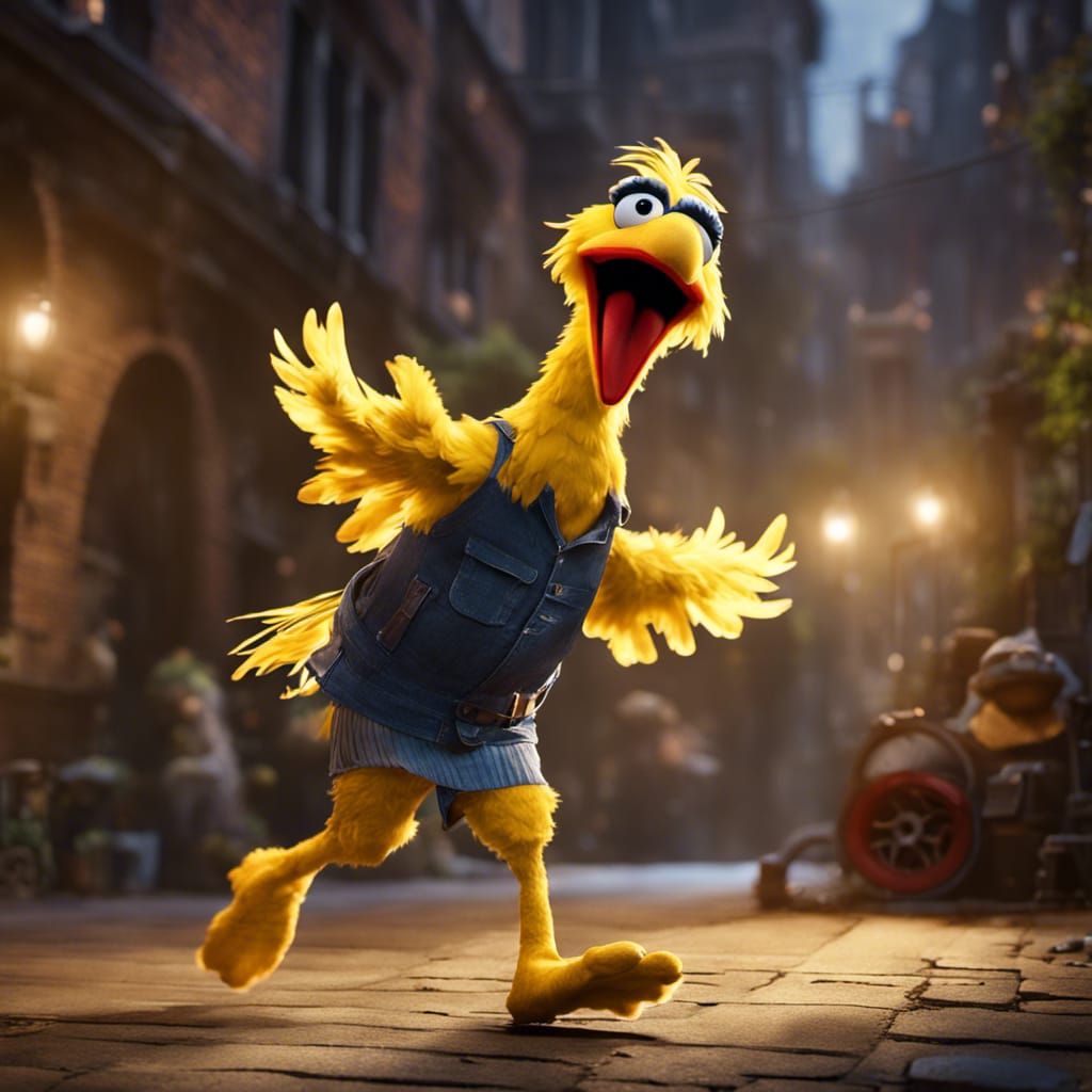 Big Bird Chasing Muppet Thieves: Hyperdetailed Portrait