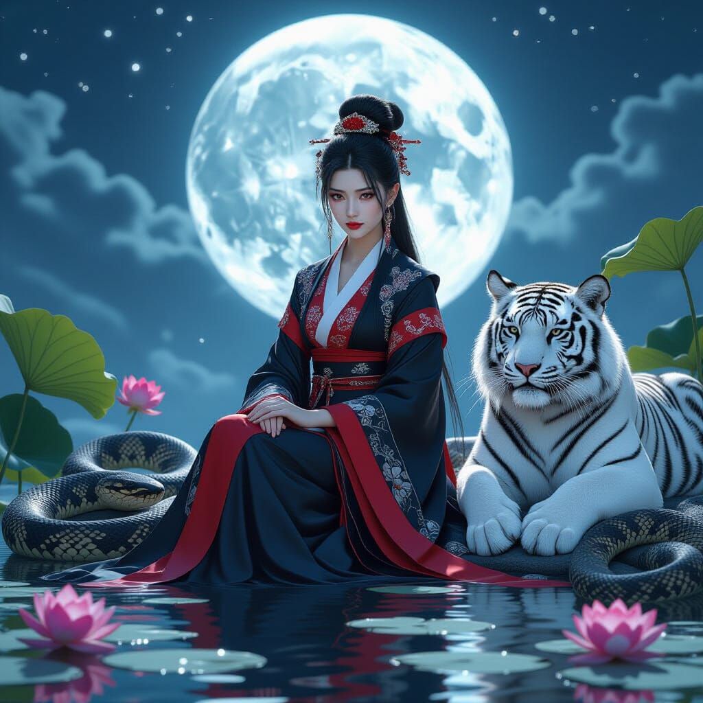 Girl with Tiger and Snakes Under Moonlight