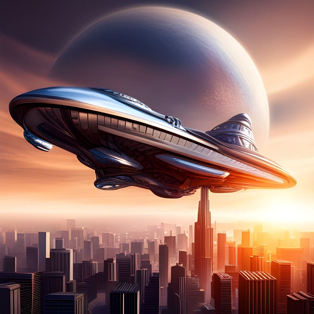 Steampunk Alien Spaceship Over Modern City