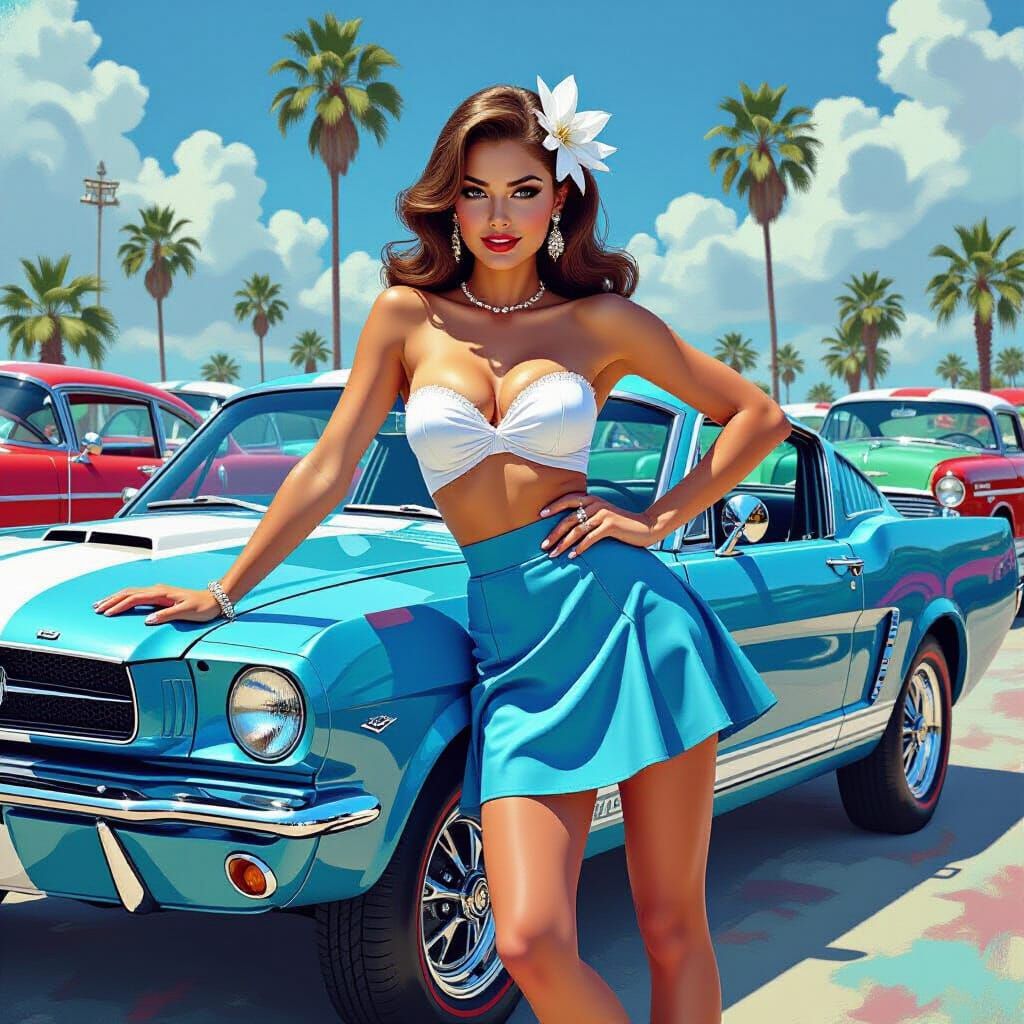Glamorous Pinup Model Poses with Classic 1960 Ford Mustang