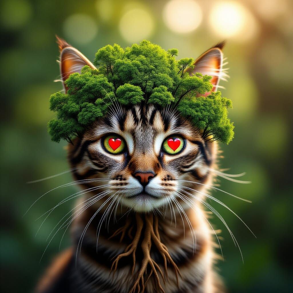 Cat Head With Tree Hair and Heart Eyes in Cinematic Light