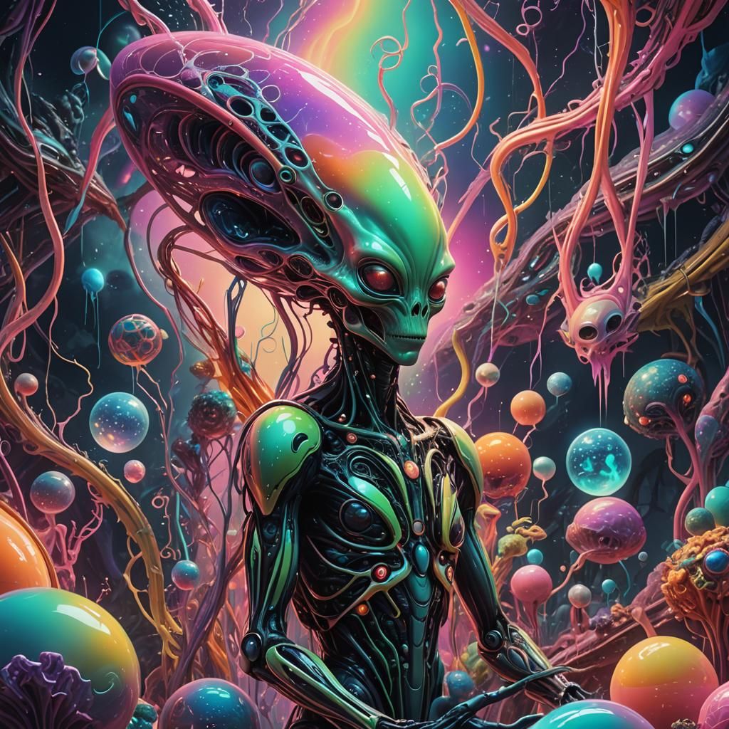 Surreal Alien Holding Objects in Dreamlike Scenery