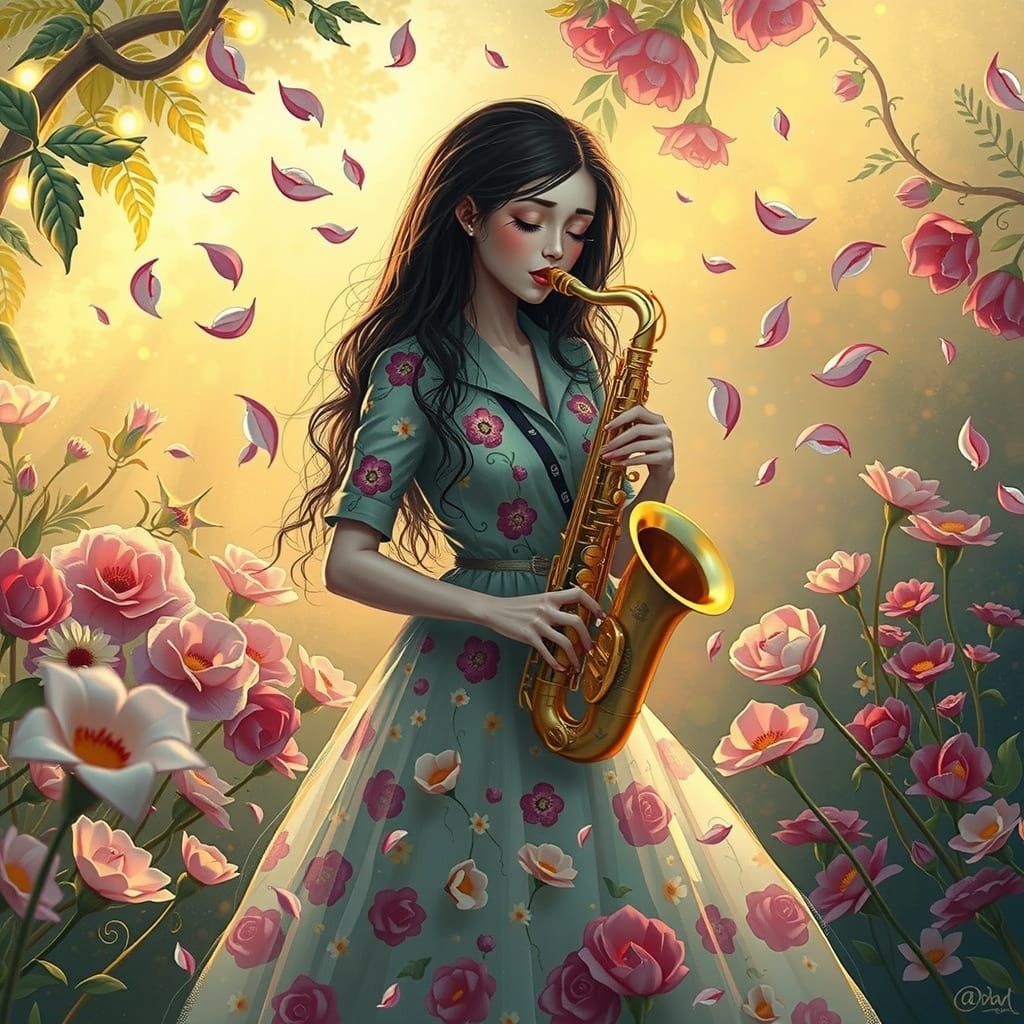 Whimsical Jazz in Vibrant Floral Garden Scene