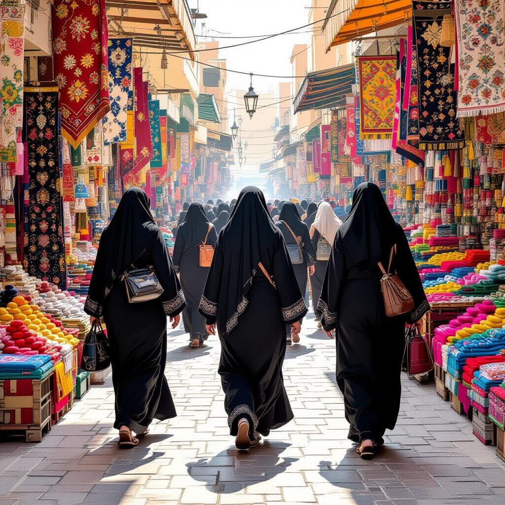 Yemeni Women in Traditional Dress in Bustling Market