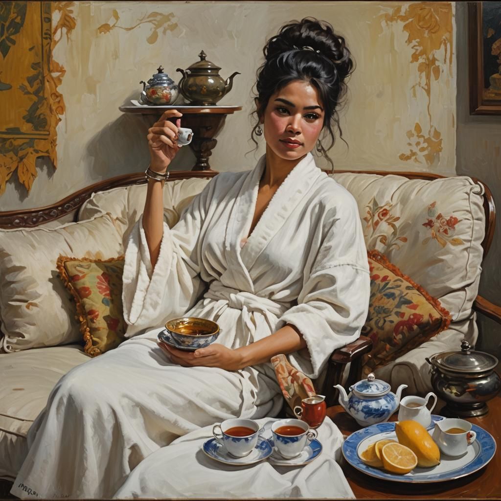 Latina in White Robe at Tea, Oil Painting