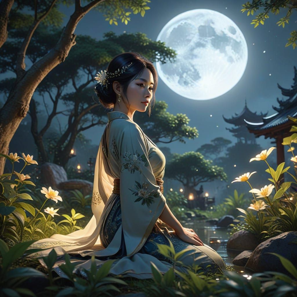 Ethereal Thai Woman Meditates Under Full Moon