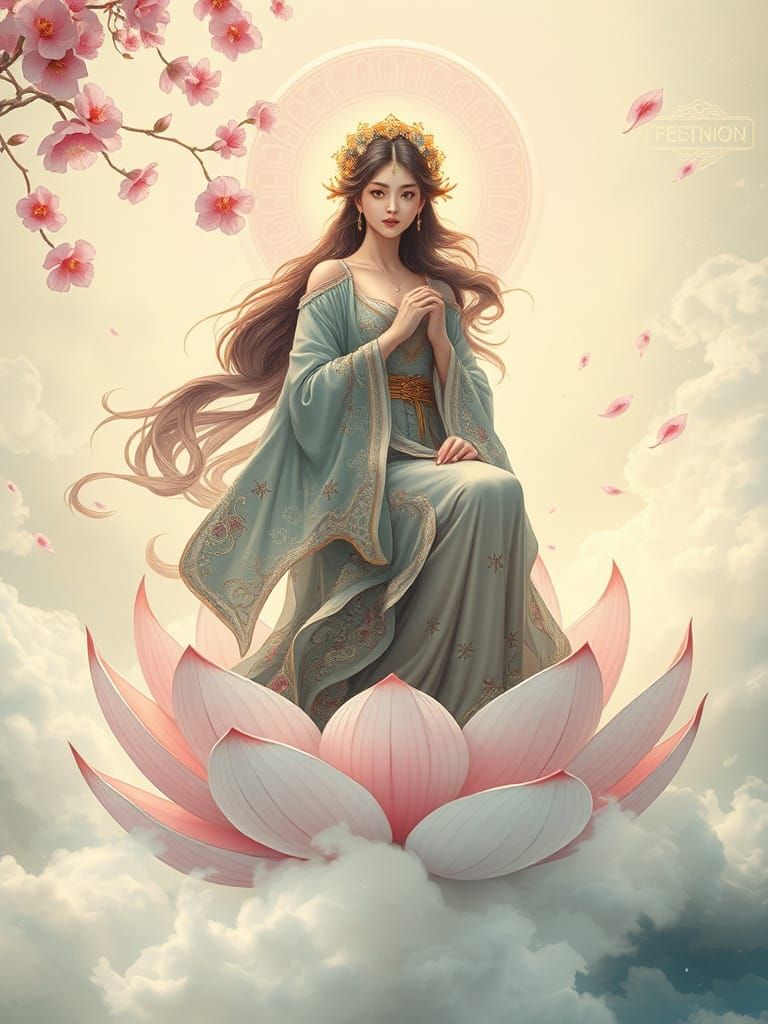 Serene Goddess on Lotus in Art Nouveau Style