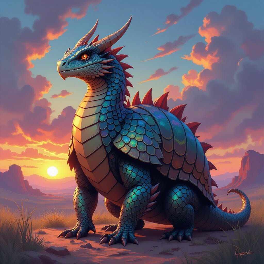 Majestic Dragon-Armadillo Hybrid in Mystical Sunset