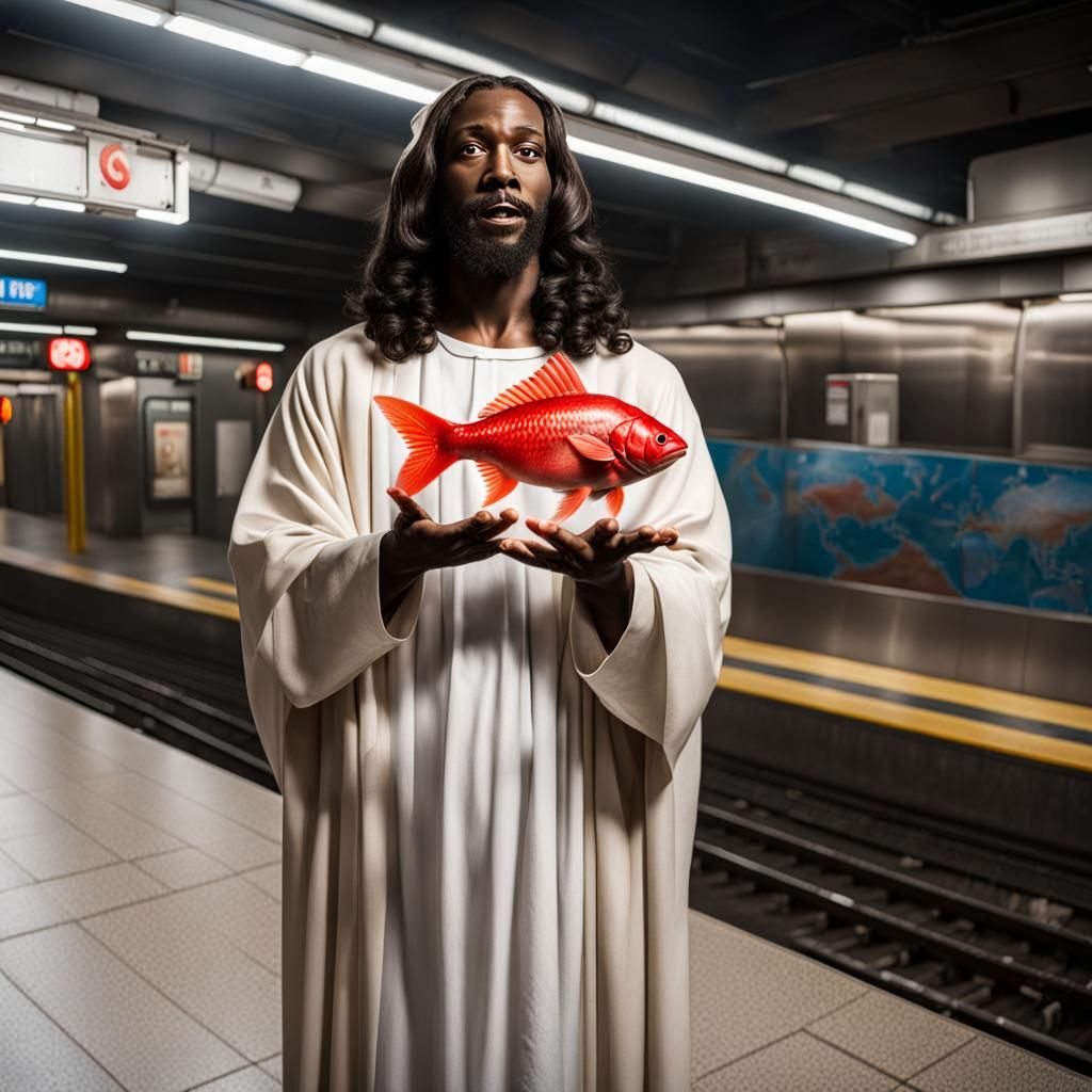 Black Jesus with Fish in Subway Station