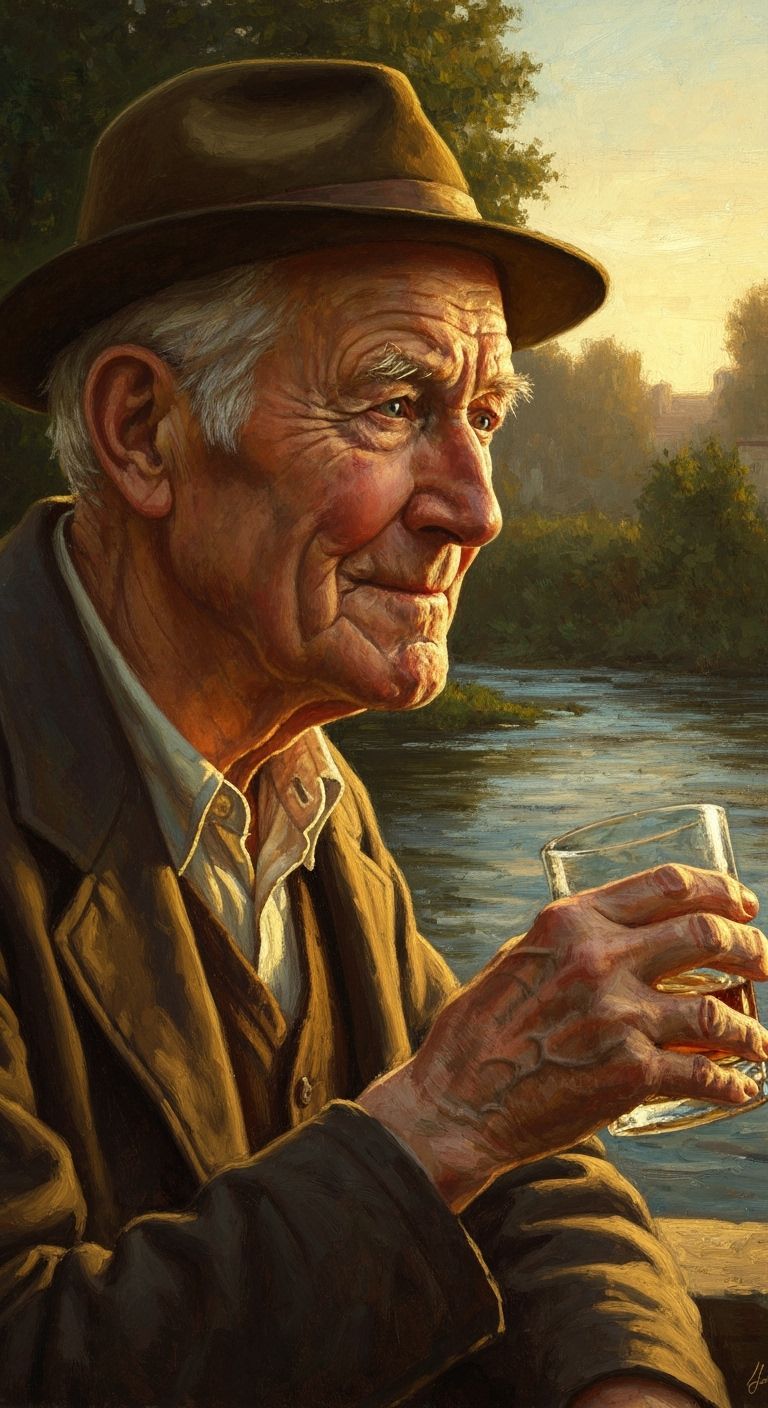 Elderly Man Reflects Over Whisky by River in Golden Hour