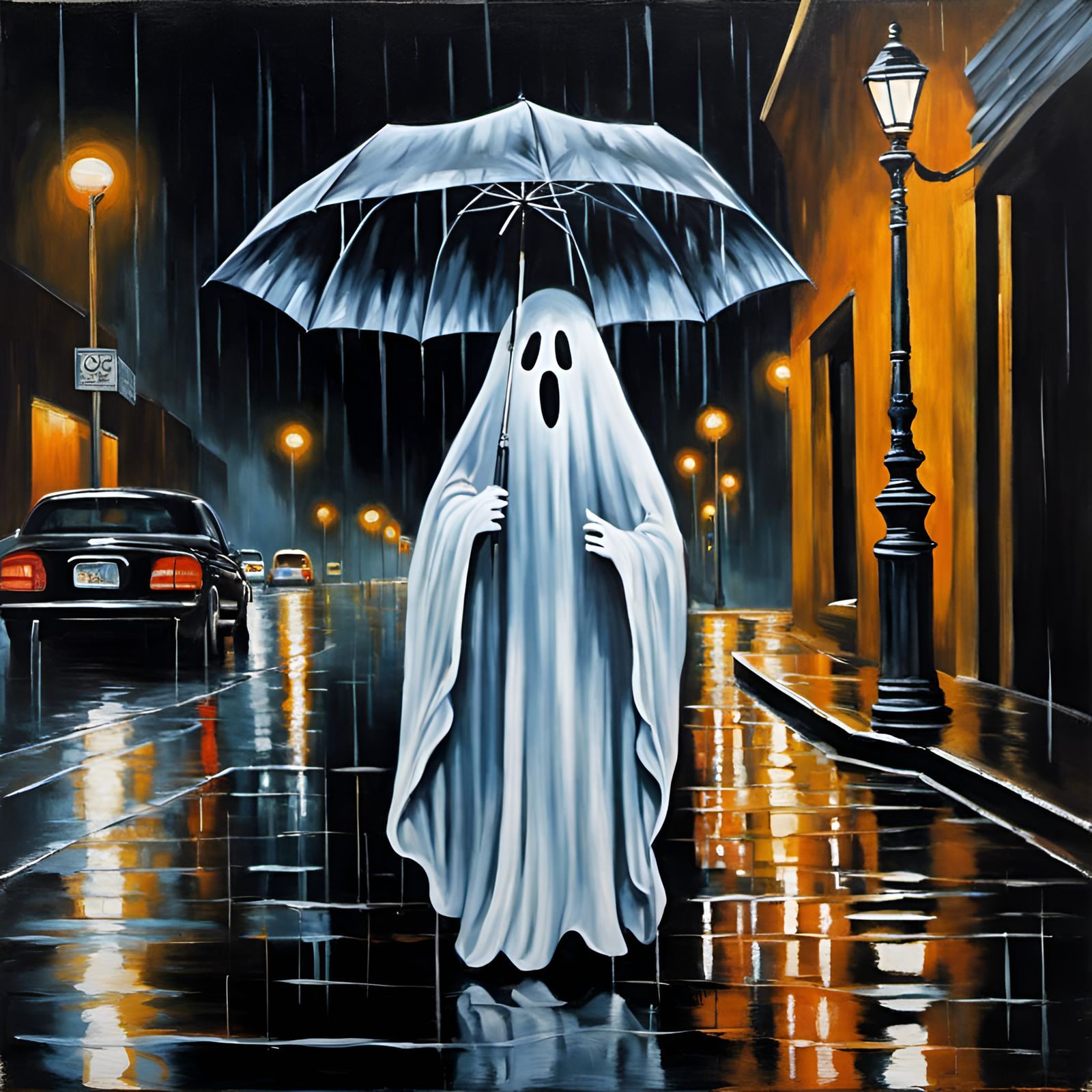 Ghost in Rainy Street with Umbrella, Supernatural Realism