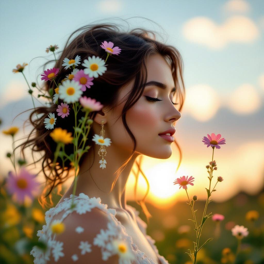 Dreamy Double Exposure Portrait with Wildflowers