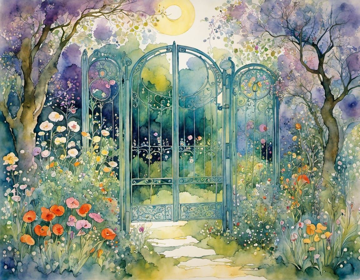 Enchanting Garden at Sunset, Ink Splash Art