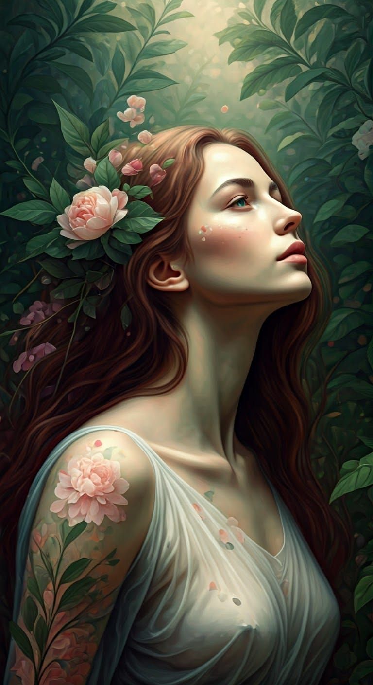 Ethereal Woman with Flowers, Romanticism Style