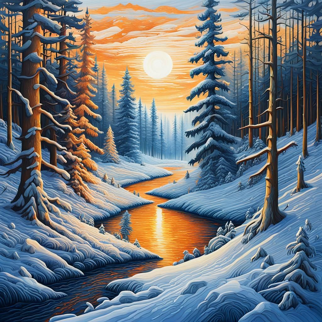 Coniferous Forest in Golden Hour as Oil Painting