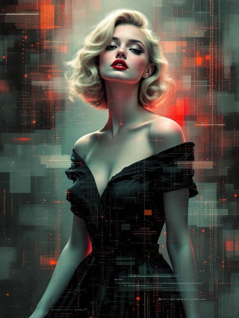 Glitch Art Pin-Up with Fractal Overlay in Tonalist Style