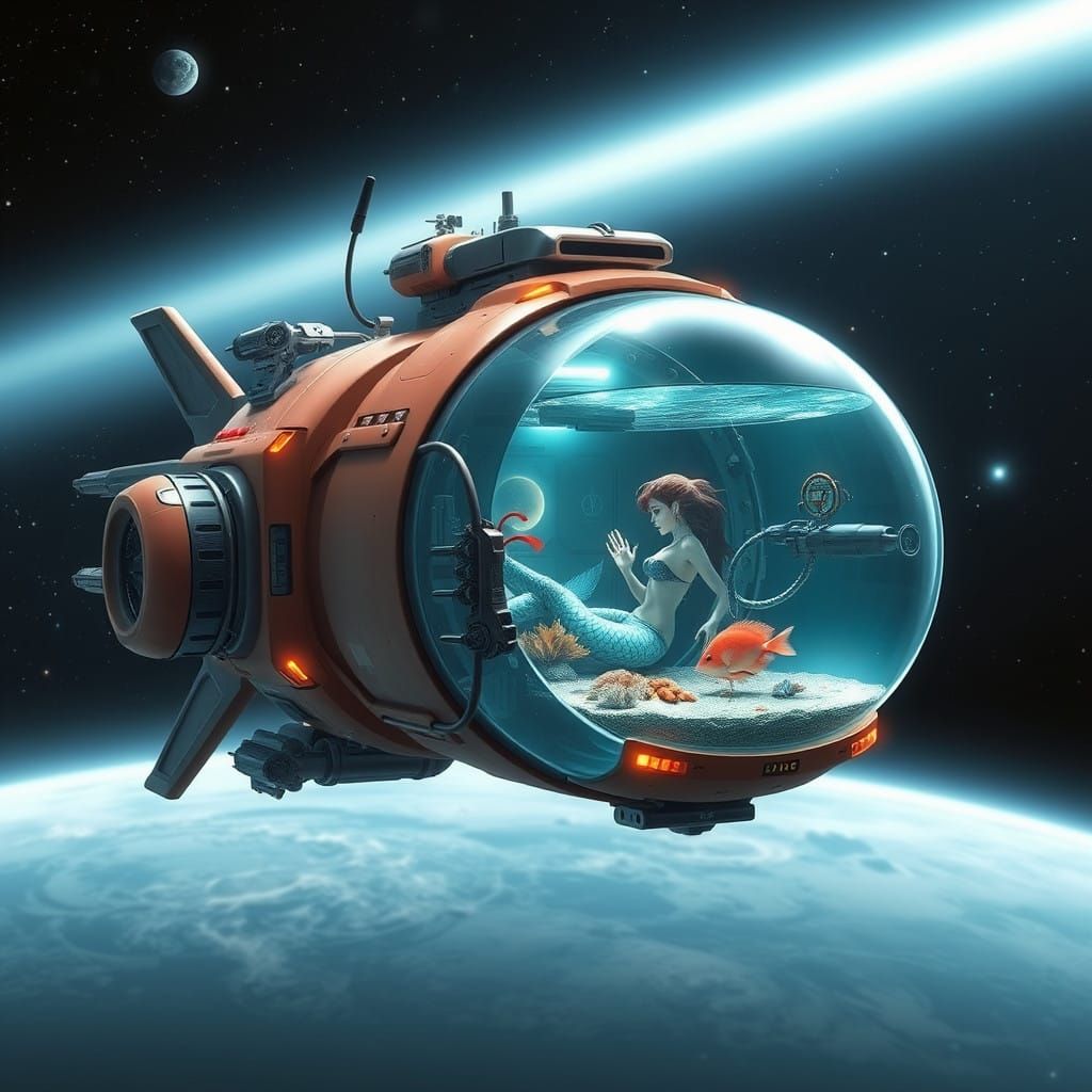 Surreal Futuristic Spaceship Fishtank with Mermaid and Robot...